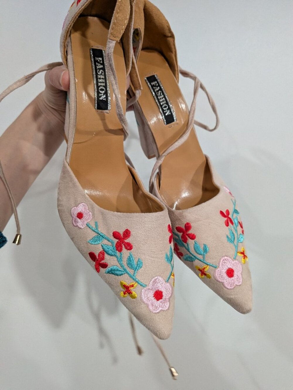Fashion Embroidered Lace Up Heels Beige Pink Size 7